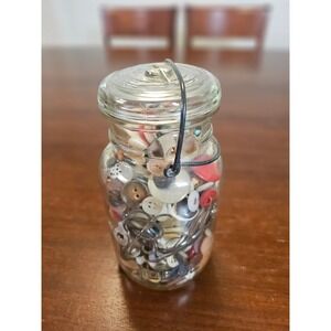 Ball Ideal Sewing Buttons Jar OS Clear Vintage Glass Wire Bail Closure Mixed Lot